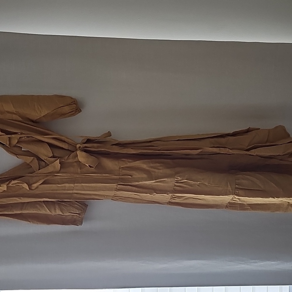 Simple Tan Long Sleeve Dress with Tie Waist - Picture 2 of 2